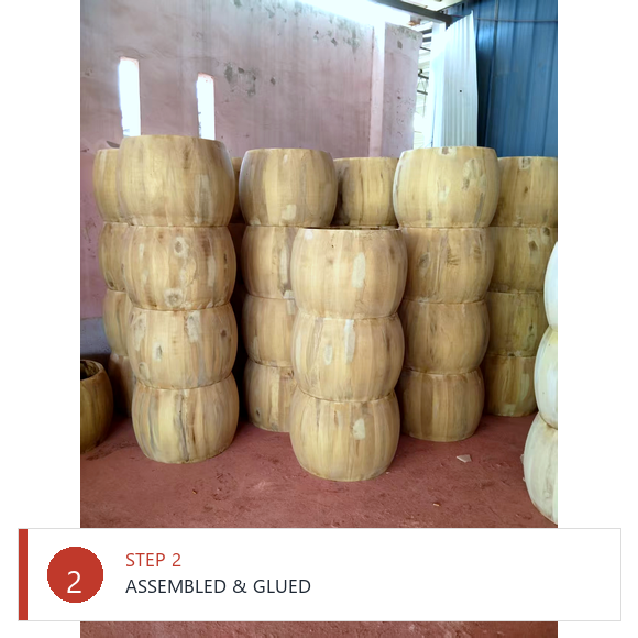 Drum shell staves assembled and glued into a round body