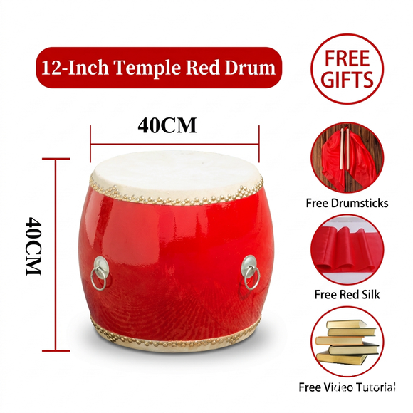 Red lion dance drum with custom printed head - white background product shot