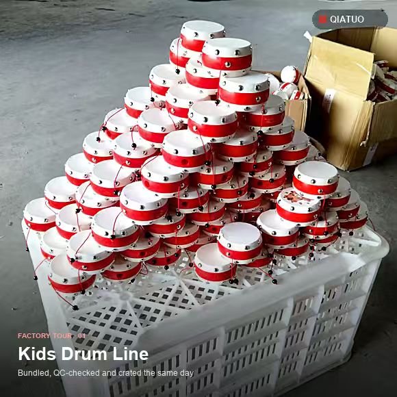 Kids early-learning drums packed in a crate for wholesale order